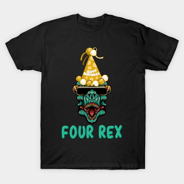 Kids Kids Four Rex 4th Birthday Fourth Dinosaur 4 Year Old T-Shirt by pika